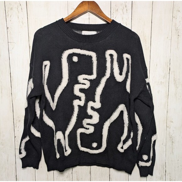 Black White Pixel Dinosaur Sweater XL Quirky Graphic Knit Cozy Geek Goth Cute - Picture 1 of 9